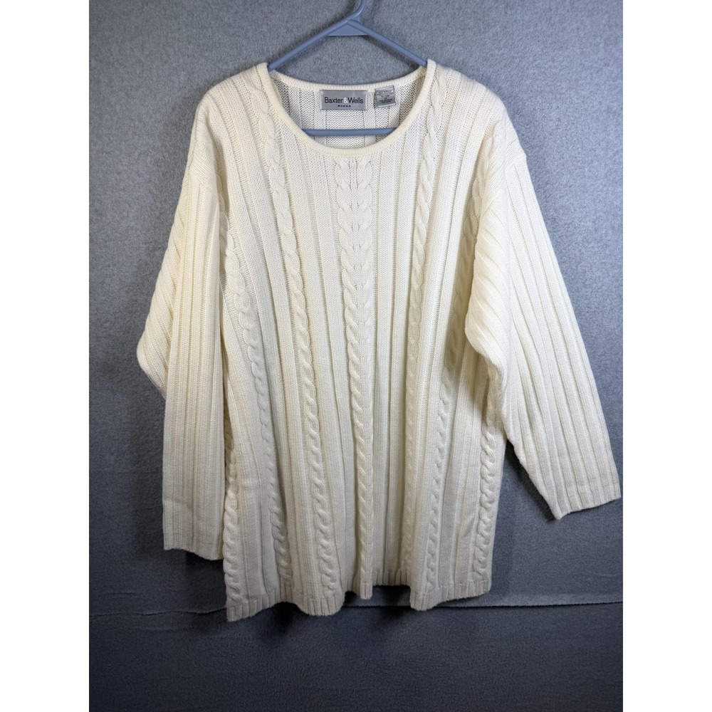 Vintage Baxter & Wells Sweater Womens 1X White Cable Knit Crewneck Pullover